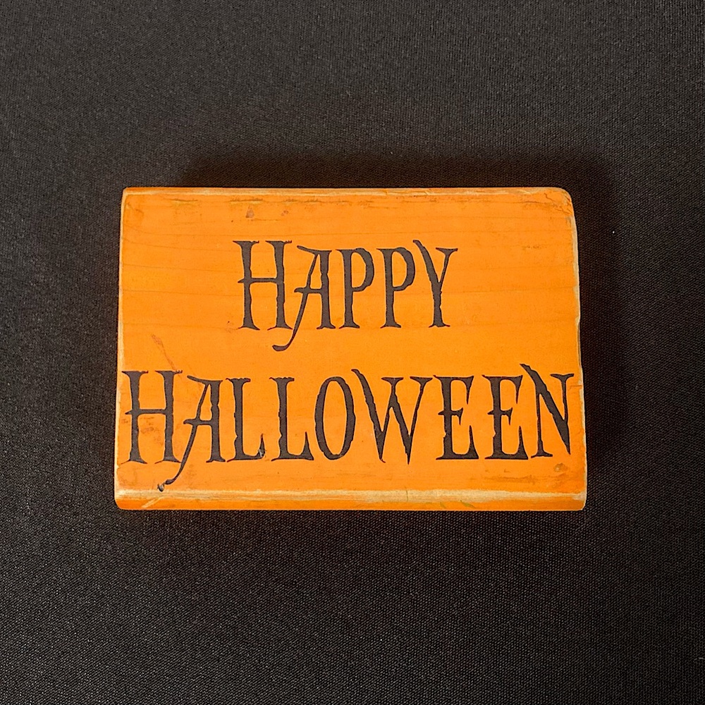 Vintage Happy Halloween Wooden Block Sign Decoration Orange And Black 3.5” x 5”